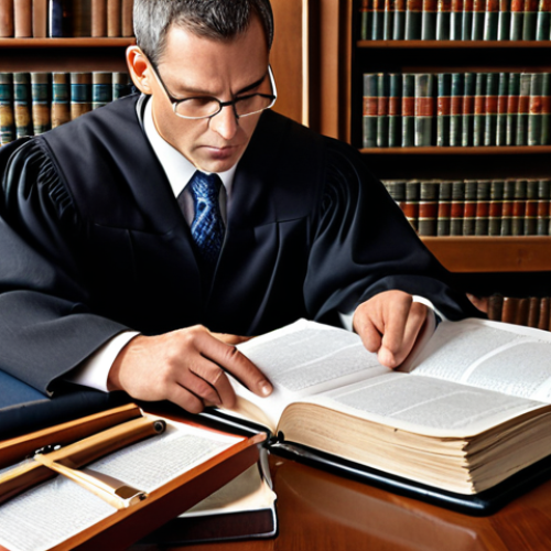 **Image Prompt 1:** A lawyer studying a legal case file. Focus on the bridge between legal theory and practical application. Include elements like case documents, law books, and perhaps a magnifying glass. Style: Realistic, slightly stylized.