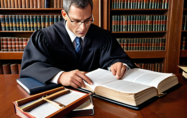 **Image Prompt 1:** A lawyer studying a legal case file. Focus on the bridge between legal theory and practical application. Include elements like case documents, law books, and perhaps a magnifying glass. Style: Realistic, slightly stylized.