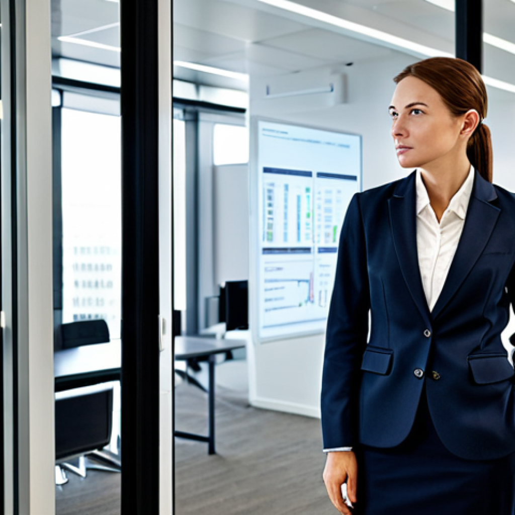A professional individual, embodying the 'hidden skill tree' of a lawyer, standing confidently in a sleek, modern, glass-walled office, looking thoughtfully at a digital display showing complex analytical data. They are wearing a modest and professional business suit, fully clothed, appropriate attire. The setting suggests a blend of legal acumen and strategic business insight. safe for work, appropriate content, professional dress, perfect anatomy, correct proportions, natural pose, well-formed hands, proper finger count, natural body proportions, high-quality photography.