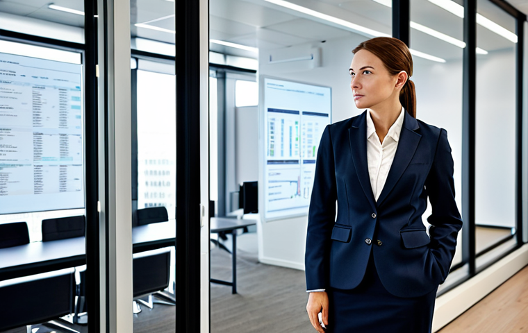 A professional individual, embodying the 'hidden skill tree' of a lawyer, standing confidently in a sleek, modern, glass-walled office, looking thoughtfully at a digital display showing complex analytical data. They are wearing a modest and professional business suit, fully clothed, appropriate attire. The setting suggests a blend of legal acumen and strategic business insight. safe for work, appropriate content, professional dress, perfect anatomy, correct proportions, natural pose, well-formed hands, proper finger count, natural body proportions, high-quality photography.
