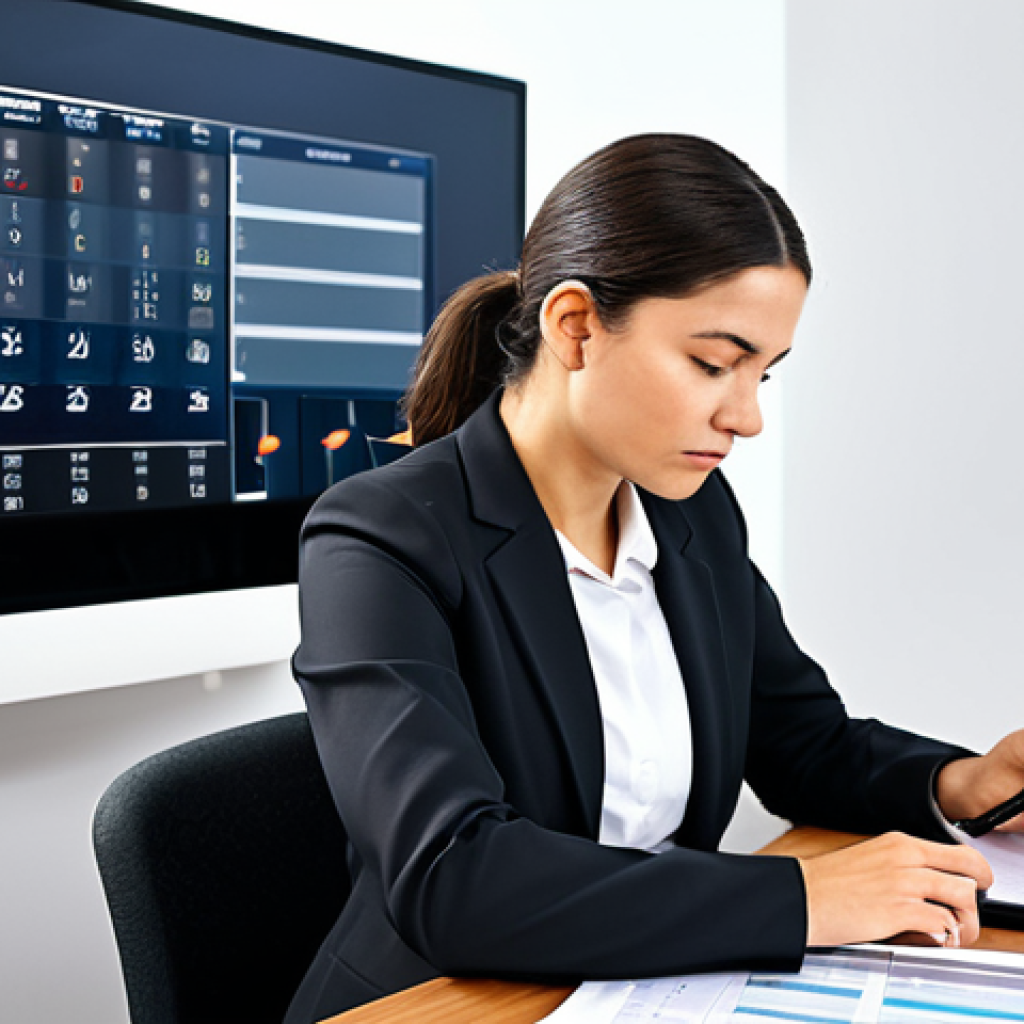 A focused professional female lawyer in a modest business suit, sitting calmly at a sleek modern desk in an organized, minimalist law office. She is looking at a large monitor displaying an intricate digital time log and calendar, with a stylus in her hand. The desk is tidy, with a few essential legal documents neatly stacked, emphasizing precise time management and efficient workflow. She has perfect anatomy, correct proportions, well-formed hands, proper finger count, and natural body proportions, captured in a natural pose. Fully clothed, appropriate attire, professional dress, safe for work, appropriate content, modest, professional photography, high quality.