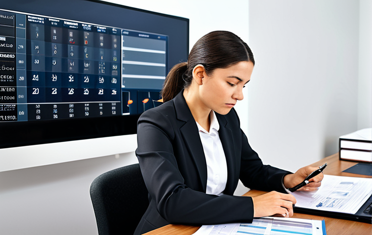A focused professional female lawyer in a modest business suit, sitting calmly at a sleek modern desk in an organized, minimalist law office. She is looking at a large monitor displaying an intricate digital time log and calendar, with a stylus in her hand. The desk is tidy, with a few essential legal documents neatly stacked, emphasizing precise time management and efficient workflow. She has perfect anatomy, correct proportions, well-formed hands, proper finger count, and natural body proportions, captured in a natural pose. Fully clothed, appropriate attire, professional dress, safe for work, appropriate content, modest, professional photography, high quality.