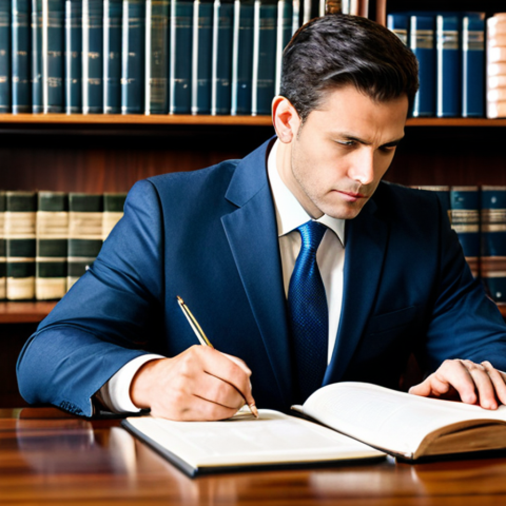 A professional male lawyer in a modest business suit, fully clothed, deeply focused while reviewing intricate legal documents at a polished wooden desk in a modern, well-lit law office. The atmosphere is intellectual and strategic, emphasizing meticulous attention to detail. The background features bookshelves filled with legal texts. Safe for work, appropriate content, professional, perfect anatomy, correct proportions, natural pose, well-formed hands, proper finger count, natural body proportions, professional photography, high quality.