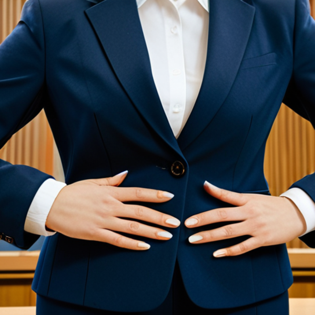 A professional female lawyer, fully clothed in a modest business suit and appropriate attire, stands confidently in a modern courtroom, engaging the jury with powerful, empathetic storytelling. Her natural pose and poised posture subtly emphasize emotional resonance, demonstrating the interweaving of logic and human understanding. The courtroom is well-lit, conveying a sense of gravitas. perfect anatomy, correct proportions, well-formed hands, proper finger count, natural body proportions, safe for work, appropriate content, fully clothed, professional.