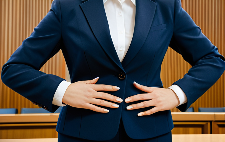 A professional female lawyer, fully clothed in a modest business suit and appropriate attire, stands confidently in a modern courtroom, engaging the jury with powerful, empathetic storytelling. Her natural pose and poised posture subtly emphasize emotional resonance, demonstrating the interweaving of logic and human understanding. The courtroom is well-lit, conveying a sense of gravitas. perfect anatomy, correct proportions, well-formed hands, proper finger count, natural body proportions, safe for work, appropriate content, fully clothed, professional.