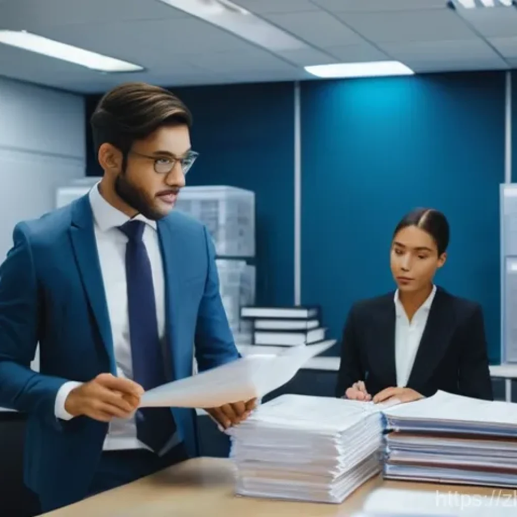 변호사 실무 수습 경험담 - **A Young Legal Intern's First Day in an AI-Enhanced Law Firm**
    A wide shot of a bustling, moder...