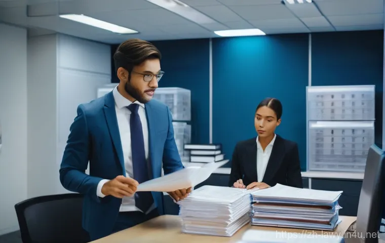 변호사 실무 수습 경험담 - **A Young Legal Intern's First Day in an AI-Enhanced Law Firm**
    A wide shot of a bustling, moder...