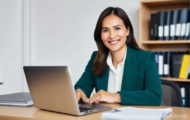 변호사 일상 공유 블로그 작성법 - **Prompt:** A warm and inviting scene of a professional female lawyer in her late 30s, dressed in sm...