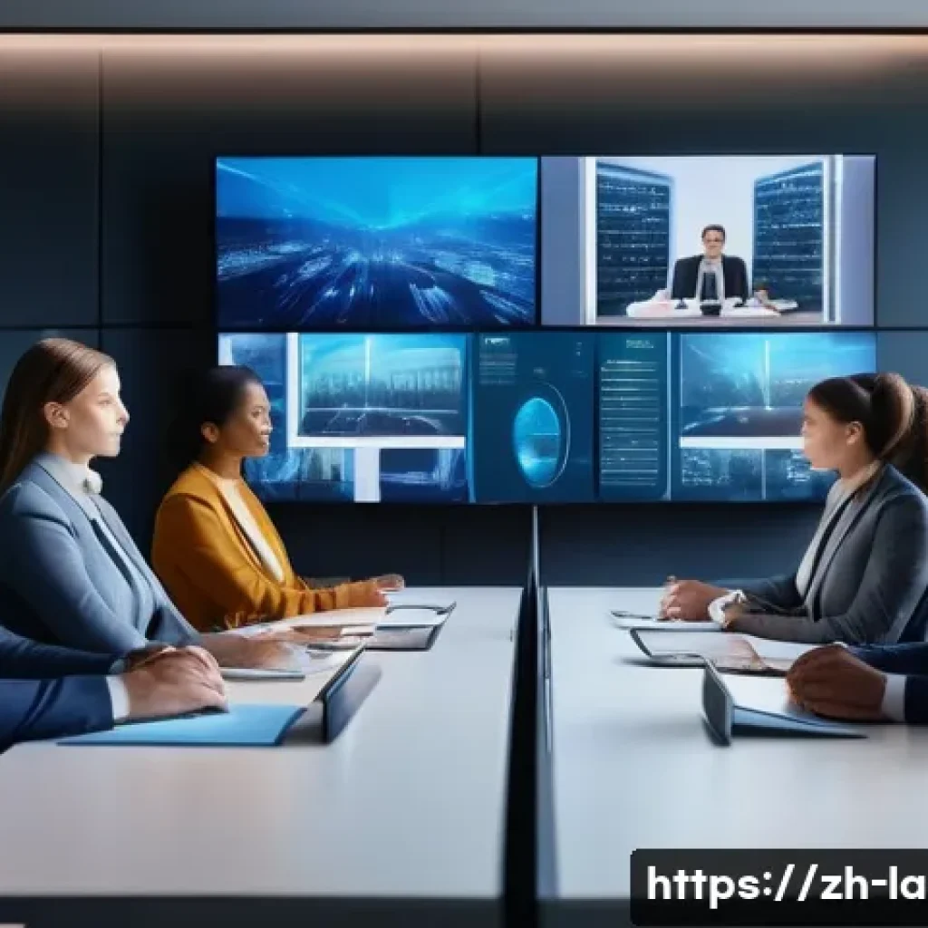 변호사 채용 시장 동향 - A modern law office scene showing a diverse group of professional lawyers collaborating remotely via...