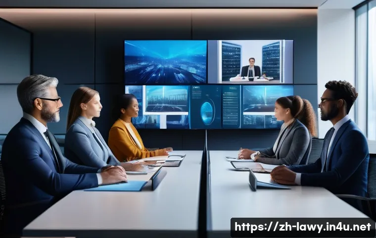 변호사 채용 시장 동향 - A modern law office scene showing a diverse group of professional lawyers collaborating remotely via...