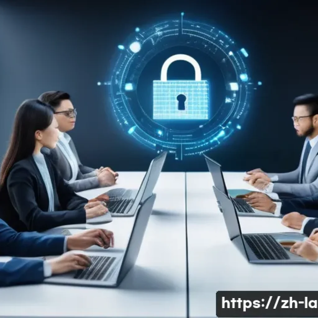 변호사와 데이터 보호법 사례 - A modern office scene illustrating data privacy protection in the digital age: a diverse group of pr...