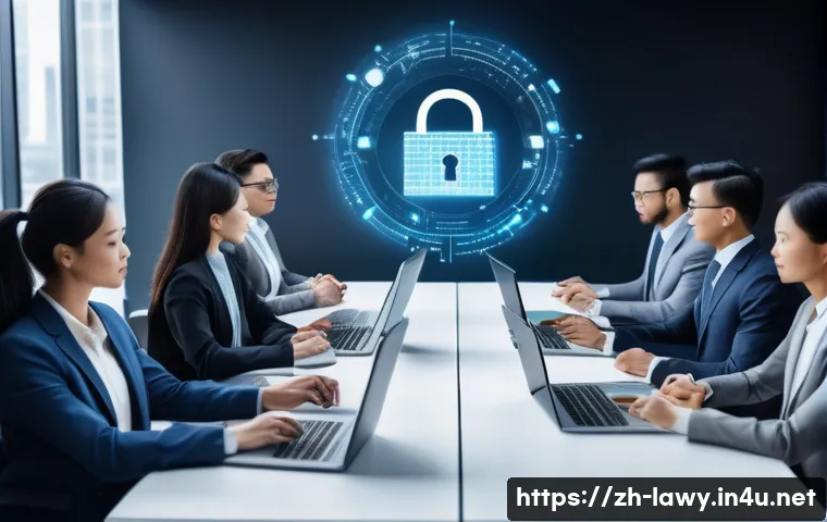 변호사와 데이터 보호법 사례 - A modern office scene illustrating data privacy protection in the digital age: a diverse group of pr...