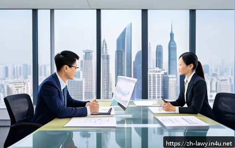 변호사와 세무법 실무 사례 - A modern corporate office scene showing a diverse team of professionals in business attire gathered ...