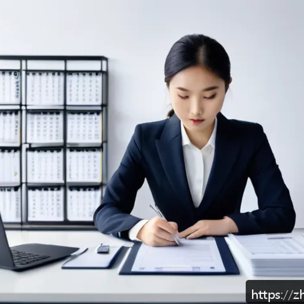 변호사로서의 업무 만족도를 높이는 방법 - A modern law office scene featuring a focused young Asian female lawyer in professional attire sitti...