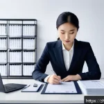 변호사로서의 업무 만족도를 높이는 방법 - A modern law office scene featuring a focused young Asian female lawyer in professional attire sitti...