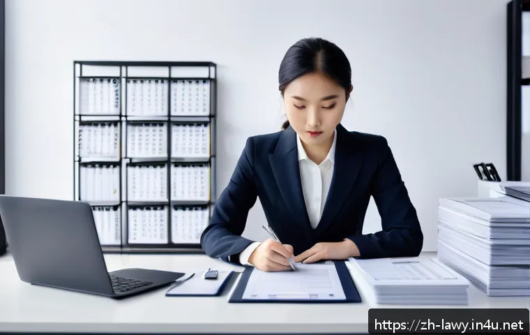 변호사로서의 업무 만족도를 높이는 방법 - A modern law office scene featuring a focused young Asian female lawyer in professional attire sitti...