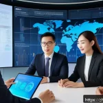 변호사 이직 시장 트렌드 - A modern law office scene featuring a diverse group of professional lawyers collaborating with advan...