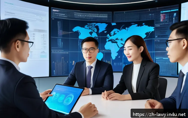 변호사 이직 시장 트렌드 - A modern law office scene featuring a diverse group of professional lawyers collaborating with advan...