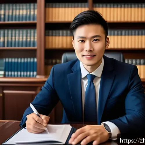 변호사 인터뷰 준비 방법 - A professional young Chinese lawyer in a modern office setting, wearing a formal dark business suit ...