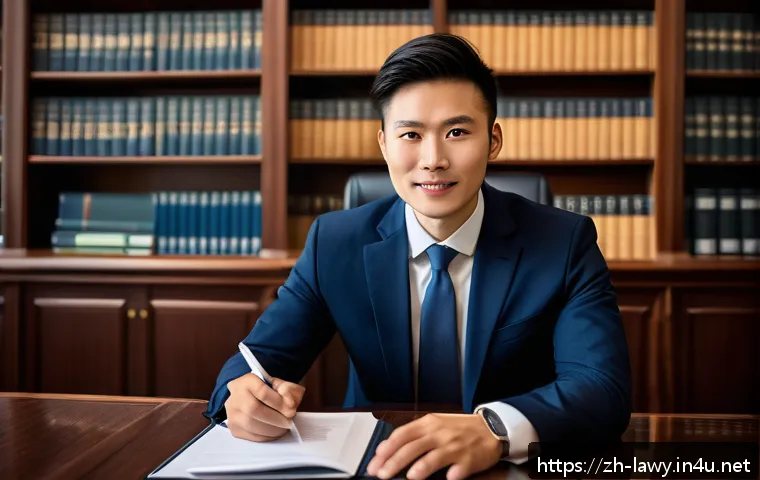 변호사 인터뷰 준비 방법 - A professional young Chinese lawyer in a modern office setting, wearing a formal dark business suit ...