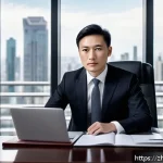 변호사로서의 전문 네트워크 구축 - A professional Chinese lawyer in a modern office setting, wearing a tailored dark suit with a crisp ...