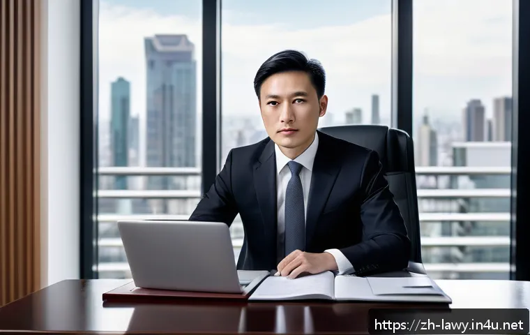 변호사로서의 전문 네트워크 구축 - A professional Chinese lawyer in a modern office setting, wearing a tailored dark suit with a crisp ...