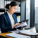 변호사와 소송 전략 수립 팁 - A professional lawyer in a modern office, intensely studying a large stack of legal documents and ev...