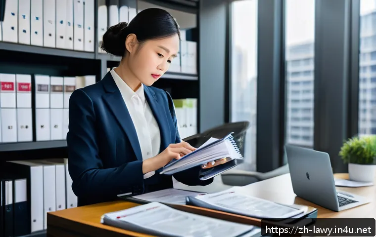 변호사와 소송 전략 수립 팁 - A professional lawyer in a modern office, intensely studying a large stack of legal documents and ev...
