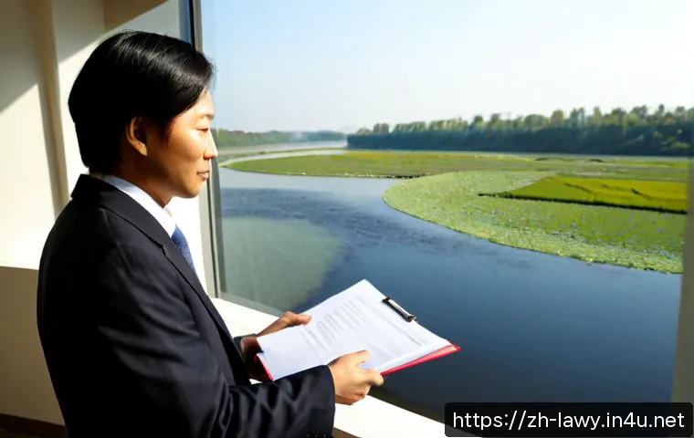 변호사로서의 환경법 실무 적용 - Photorealistic environmental lawyer reviewing a large river restoration site from a clean modern off...